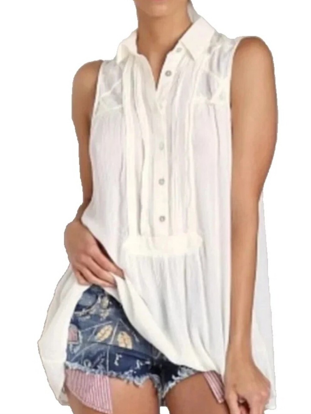 Free People‎ Crinkle Gauze Lace Yoke Tunic Top